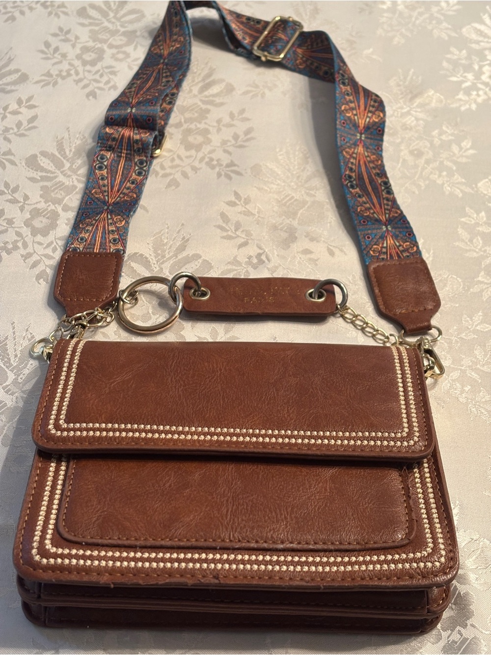 Brown Leatherette Crossbody Bag with Decorative Strap